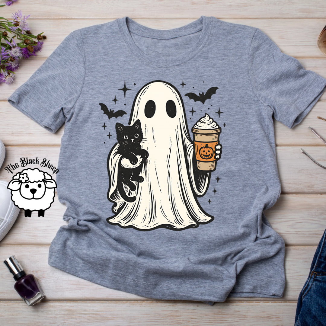 Ghost holding kitty while drinking PS Tee