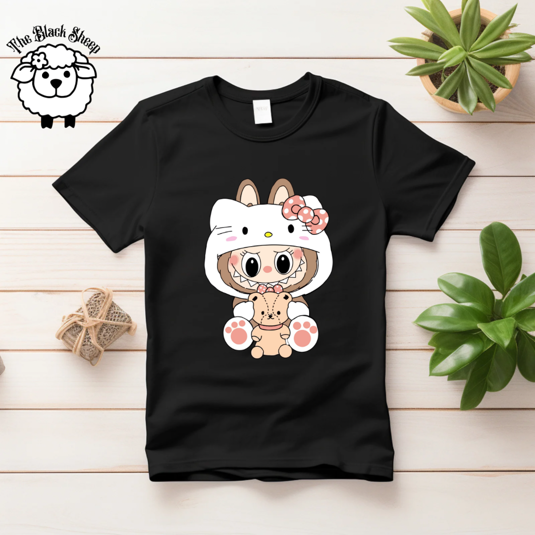 Labubu dressed as Hello Kitty