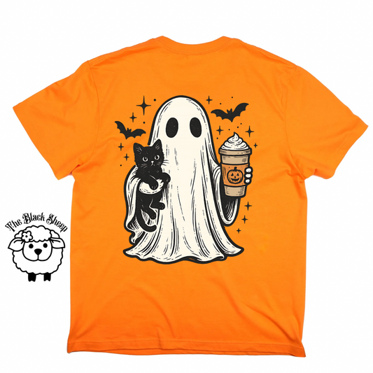 Ghost holding kitty while drinking PS Tee