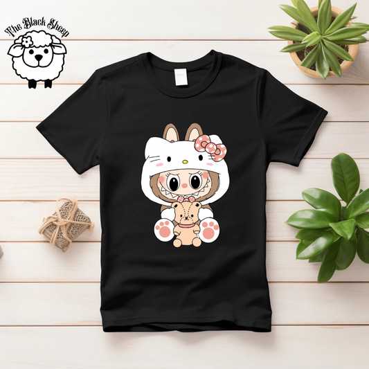 Labubu dressed as Hello Kitty